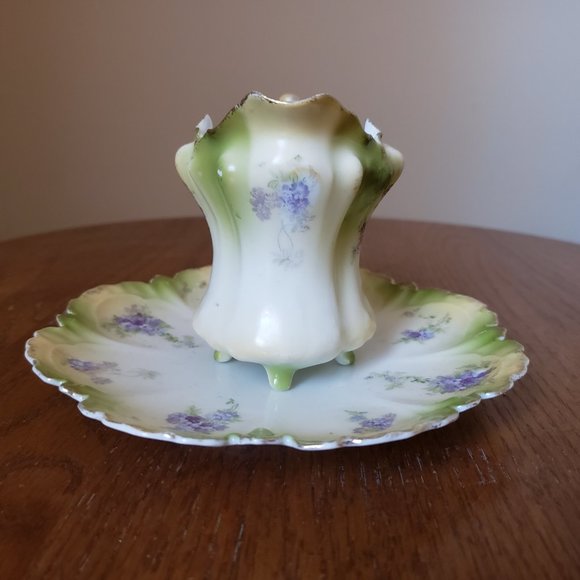 Antique RS Prussia Germany Purple Green Floral Gold Trim Footed Creamer & Saucer - Picture 4 of 8